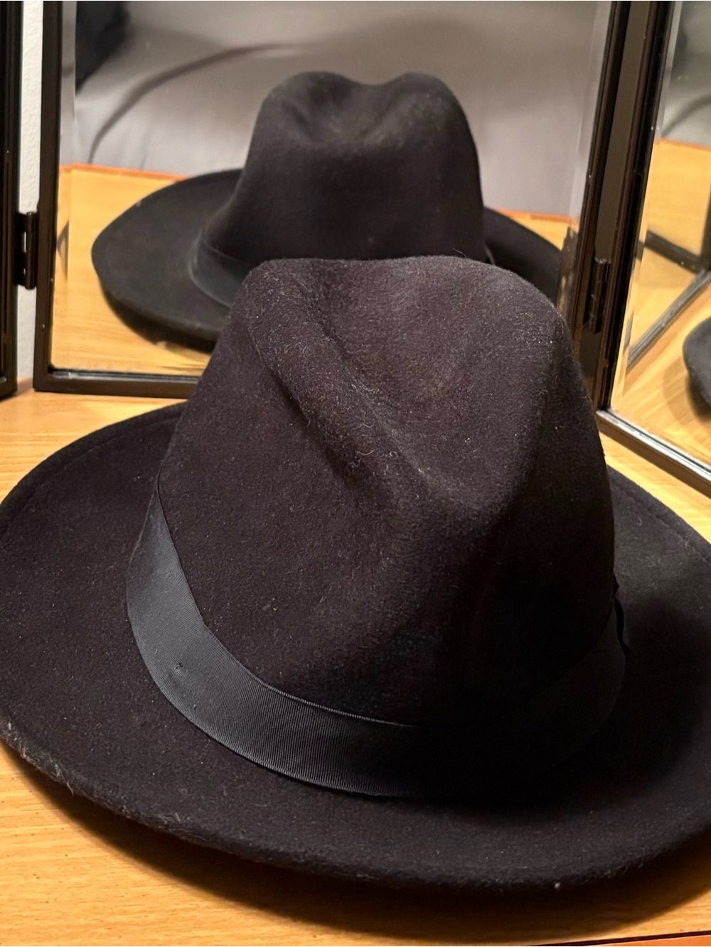 Classic Black Wool Fedora Hat with Ribbon Band